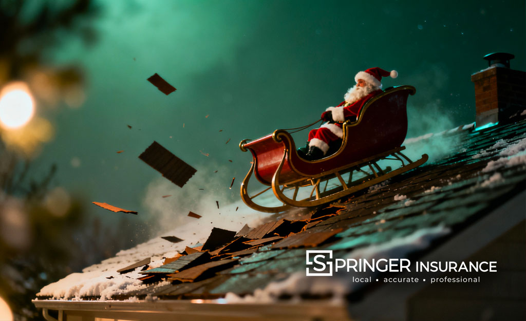 A.I. -santas sleigh sled damaging a roof and some shingles go flying off at night
